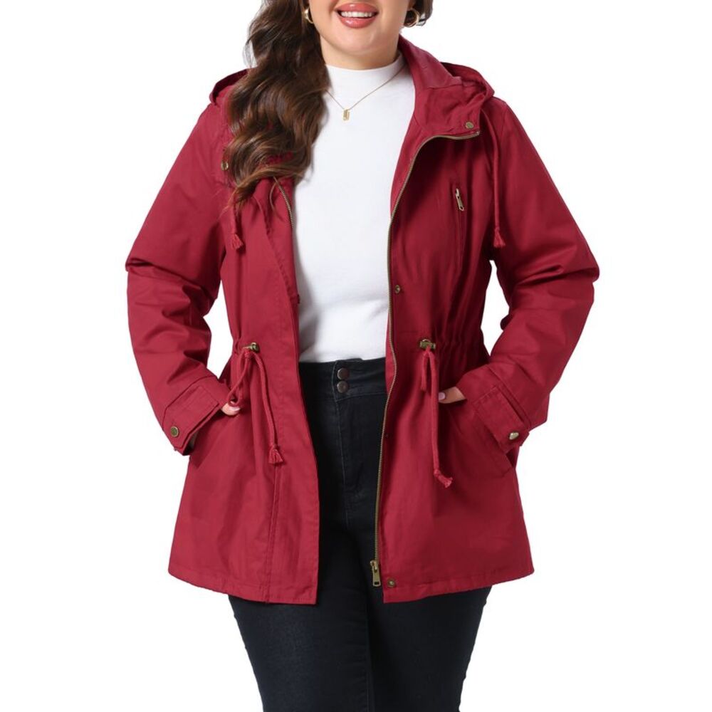 Women Plus Size Hooded Utility Parka Anorak Jacket Red